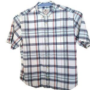 Woolrich Mens XL Plaid Button Down Shirt Short Sleeve Cotton Red Blue Ivory